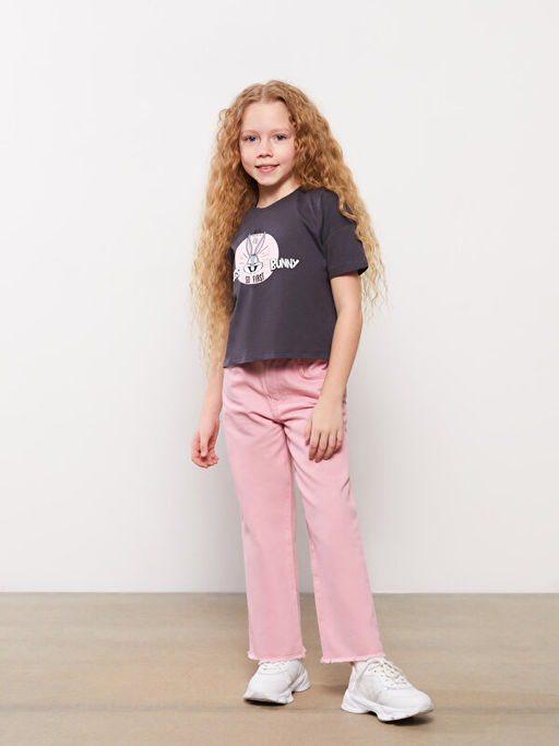 Bisiklet Yaka Bugs Bunny Bask?l? K?sa Kollu K?z ?ocuk Ti??rt