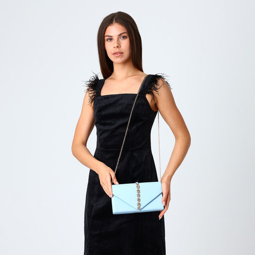 Сумка-клатч женская вечерняя на магните, на длинной цепочке, со стразами, голубая