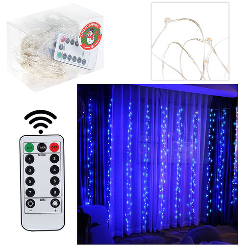Электрогирлянда-занавес 3*3м, 300 ламп, USB, с дистанционным управлением, светло-голубой