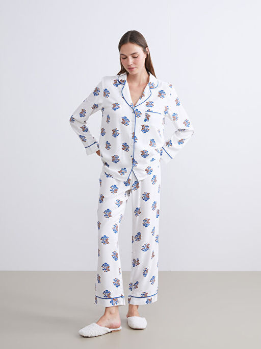 G?mlek Yaka ?i?ekli Kad?n Pijama Tak?m?