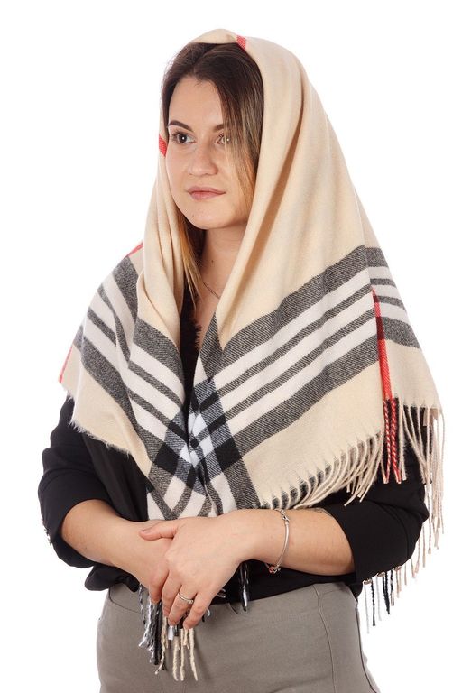 Платок женский теплый с кистями, с полосками MAGROM, светло-бежевый, 100x100 см, из вискозы и шерсти
