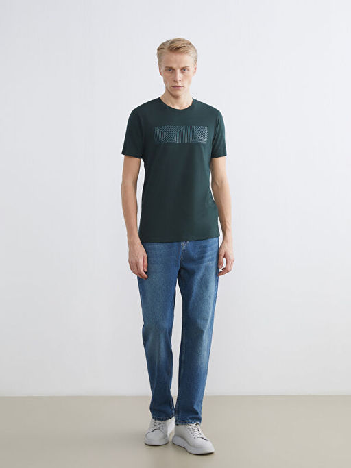 Bisiklet Yaka Bask?l? Penye Erkek Ti??rt