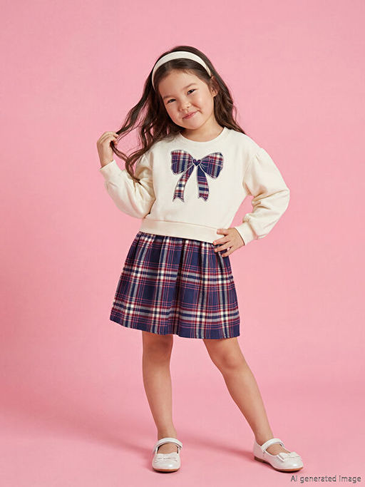 Bisiklet Yaka Ekose Pileli K?z ?ocuk Kal?n Elbise