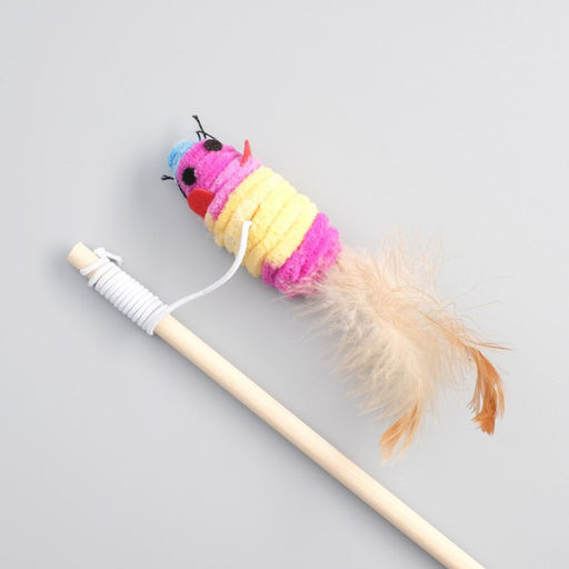 Дразнилка с махровой мышкой (7 см) на деревянной палочке, 40 см, микс цветов - Пижон фото 2