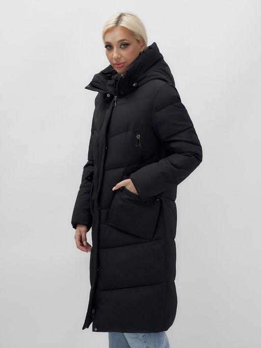 Пальто утепленное стеганное зимнее с капюшоном женское черного цвета 9639Ch - Mtforce фото 11