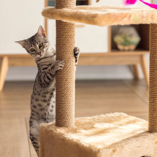 Домик для кошек с когтеточкой, 37×37×111 см, с двумя полками, джут, бежевый