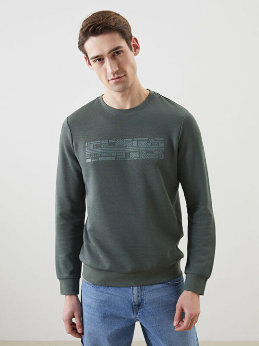 Bisiklet Yaka Uzun Kollu Bask?l? Erkek Sweatshirt