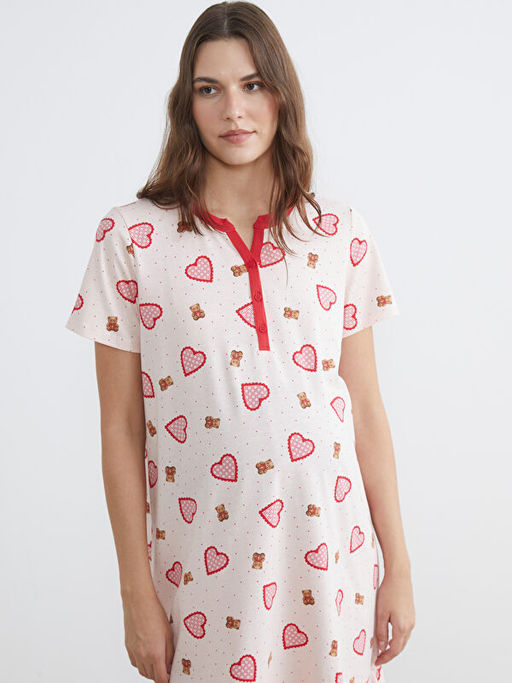 Ka??k Yaka Kalp Desenli Hamile Gecelik