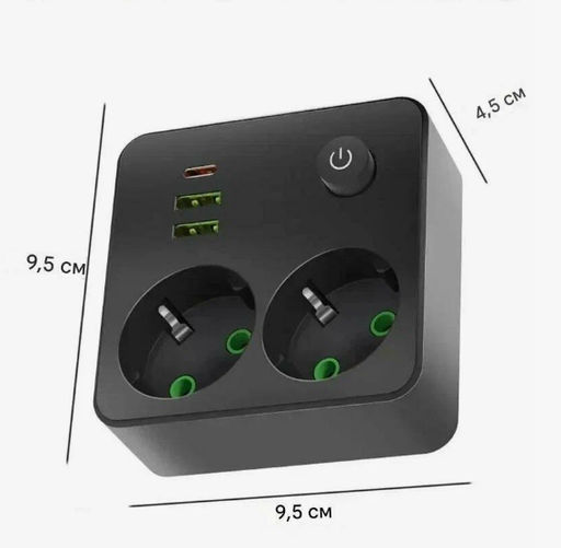 Тройник (с двумя розетками) белый с 2USB+1Type-c с 5-ю отверстиями 1-выключатель 2500 Вт-3600 Вт - Buro фото 4