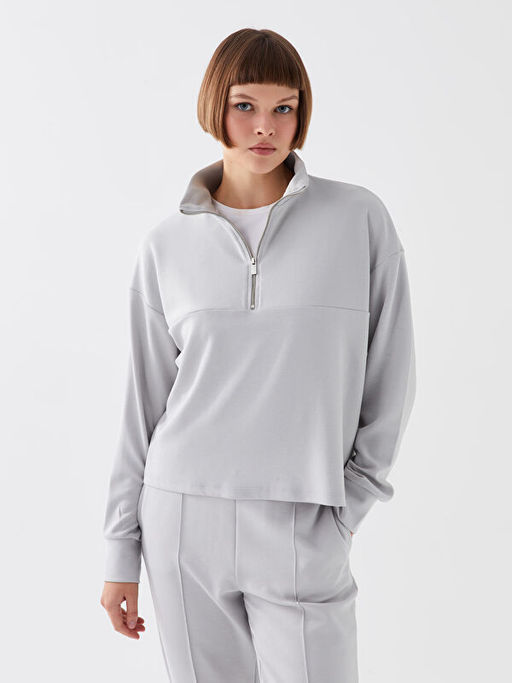 Dik Yaka D?z Uzun Kollu Kad?n Sweatshirt
