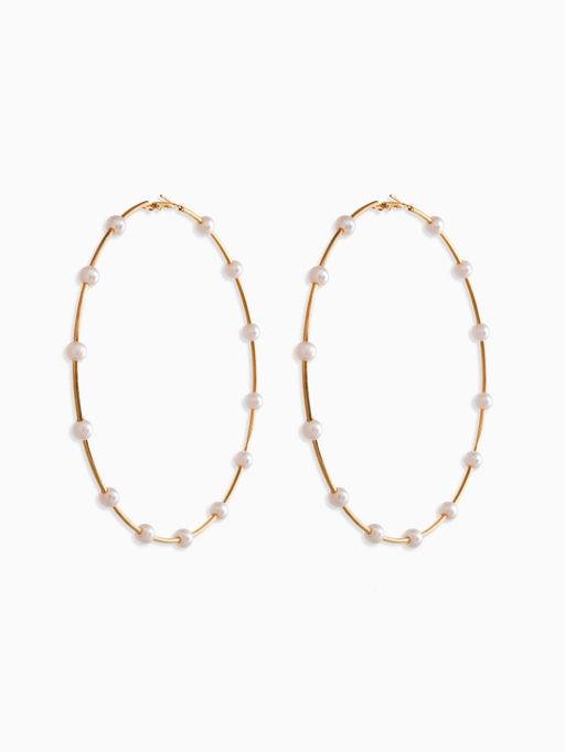 Серьги-кольца "Жемчуг" d=10см. №6, цвет белый в золоте