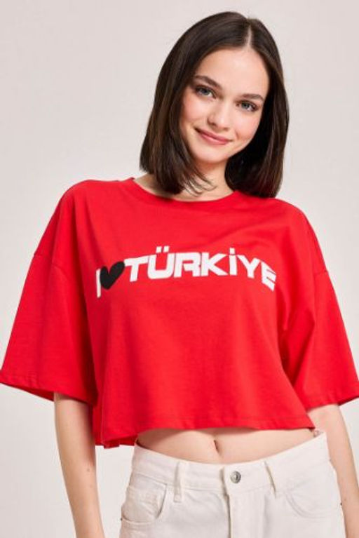 Coool Oversize Genis Kal?p Bask?l? K?sa Kollu Tisort