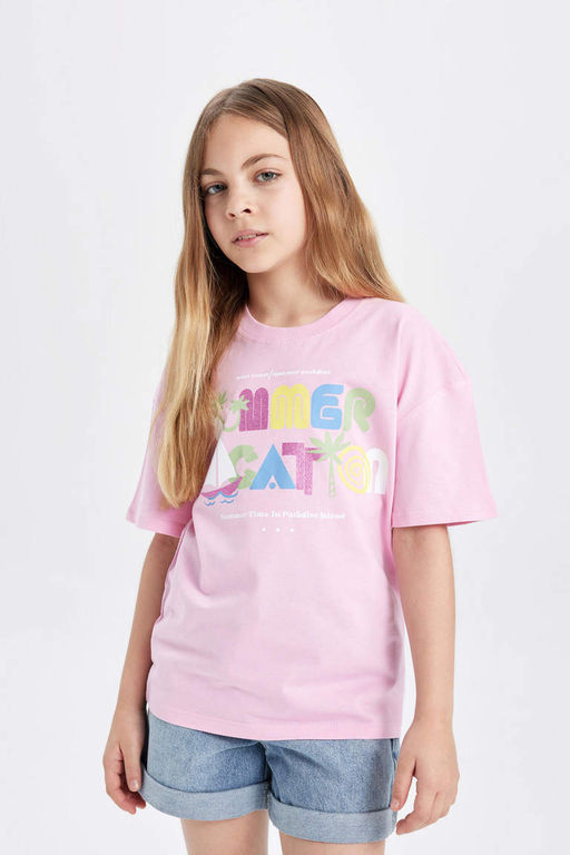 Футболка с короткими рукавами и принтом для девочек Relax Fit - Defacto фото 4