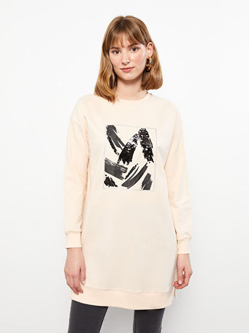 Bisiklet Yaka ??lemeli Uzun Kollu Oversize Kad?n Tunik