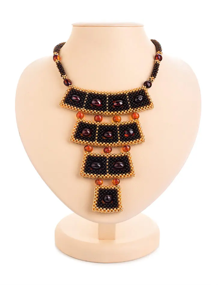 Стильное колье из бисера и янтаря Лукоморье в тёмном оттенке - Амберхолл фото 7