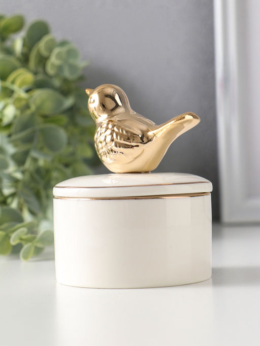 Шкатулка для украшений керамика с золотой линией «Птичка», с крышкой, 7×7×9 см