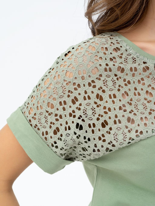 ВИДЕООБЗОР .Футболка с кружевом .арт.180-13,оливковая - Binita фото 5