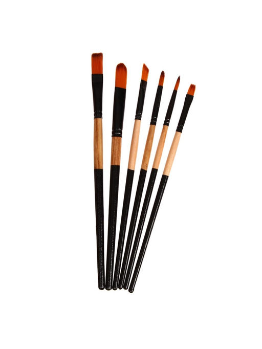 Набор кистей для рисования, нейлон, 6 штук, круглые, плоские, деревянная ручка, международный размер