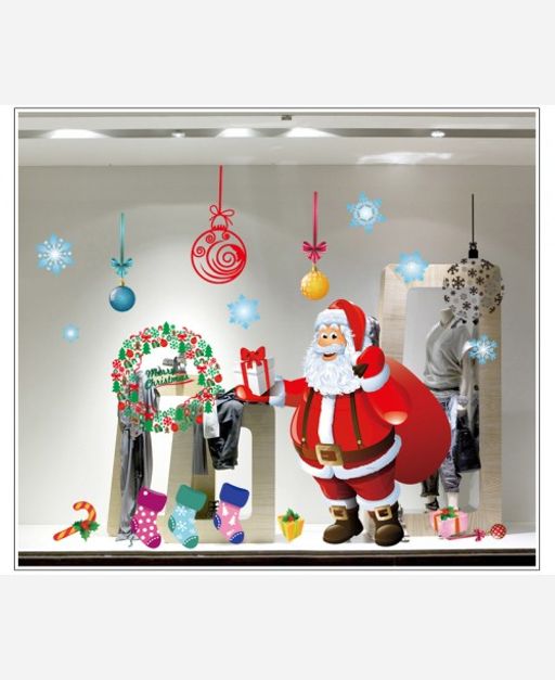 Наклейка интерьерная "Санта Клаус с подарком и украшения" 904672