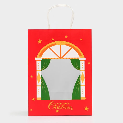 Цена за 2 шт. Пакет подарочный бумажный с окном «Театр» 30×22×14 см, крафт красный