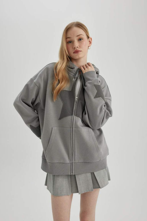 Толстовка на молнии с капюшоном и принтом Cool Oversize - Defacto фото 4