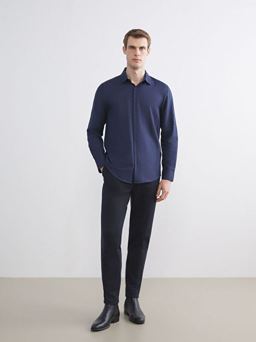 ?nden D??me Kapamal? D?z Uzun Kollu Erkek G?mlek