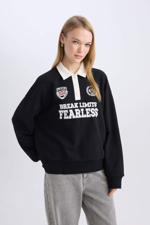 Женская черная классная толстовка большого размера с широким кроем и воротником-поло с застежкой на пуговицы и принтом - Defacto фото 6