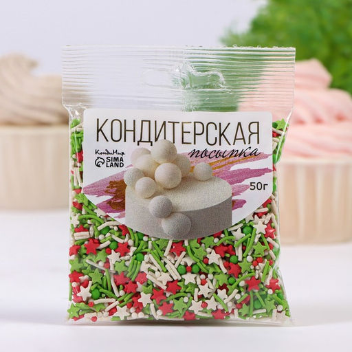 Цена за 6 шт. Новогодняя посыпка кондитерская Микс: зеленая, белая, красная, 50 г