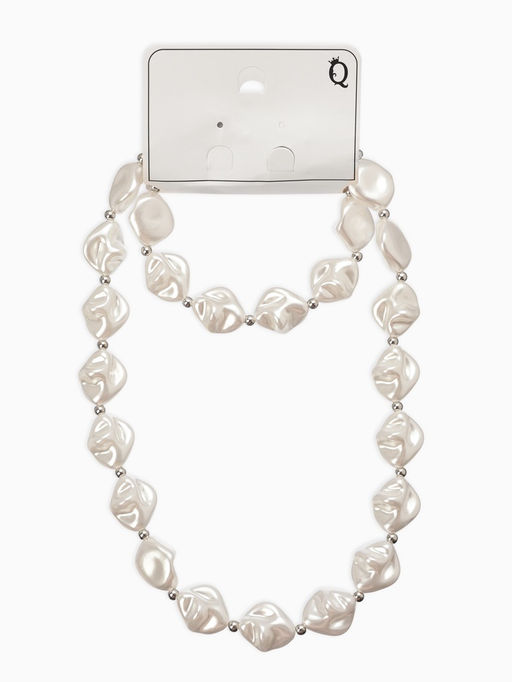 Набор 2 предмета: бусы, браслет «Жемчуг барочный. Ромб», 40/18 см, белый в серебре