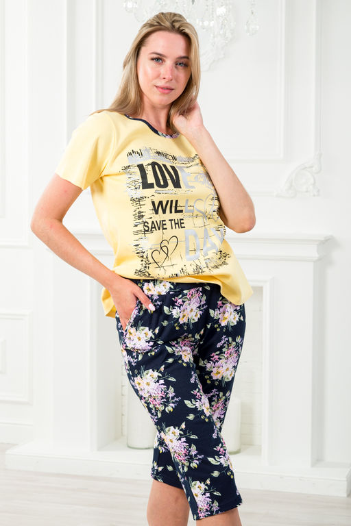 Пижама женская домашний из футболки и бридж Букетик желтый темно-синий с принтом LOVE - Амадэль фото 12