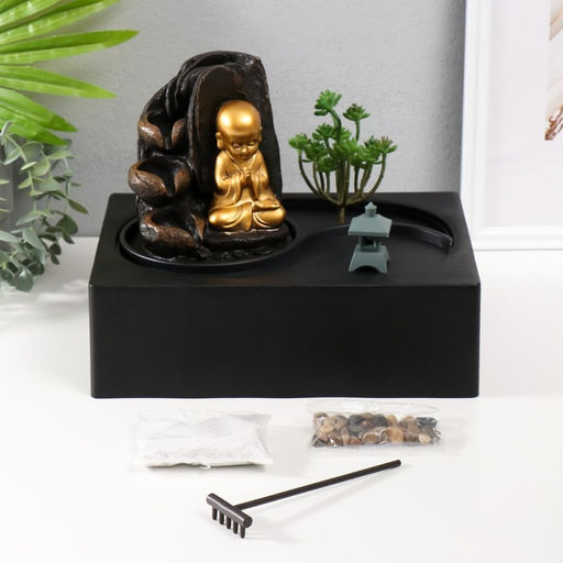 Фонтан настольный, японский сад камней «Маленький хотей: Гармония», от сети с подсветкой, 29×21×22 см