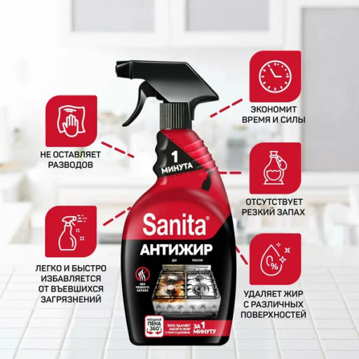 SANITA спрей д/кухни 1 минута 500мл Антижир NEW