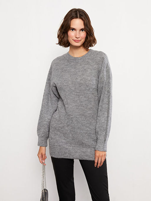 Bisiklet Yaka D?z Uzun Kollu Kad?n Triko Tunik