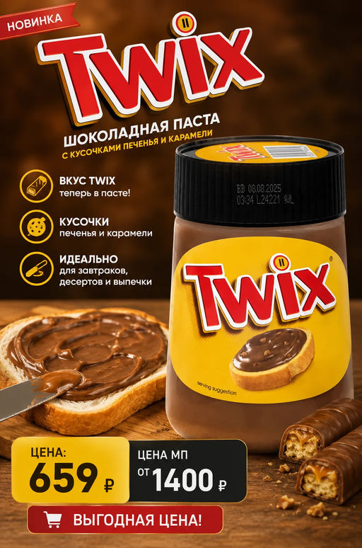 Mars Chocolate Drinks & Treats | Europe. Шоколадная паста Twix с кусочками печенья 350 гр. стекл.банка