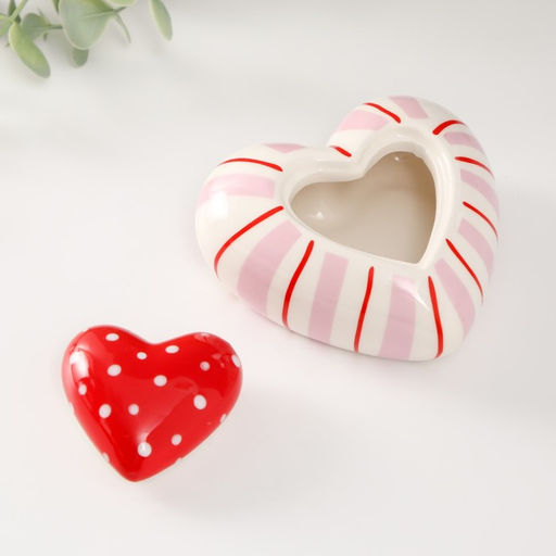 Шкатулка для украшений Красное сердце в горошек, полосатое, керамика, 10.2?10?5 см