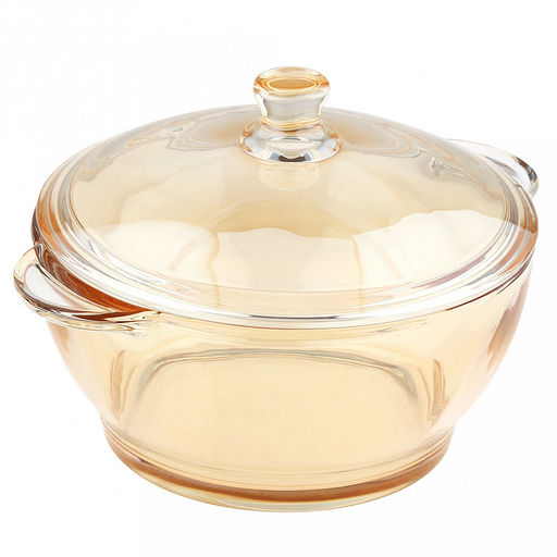 Кастрюля стеклянная "Гурман" 0,85л, д15,9см, h7,5см, основание д11,2см, общая h12,5см, стеклянная крышка ручка-кнопка, 2 ручки, янтарный перламутровый, в коробке (Китай)