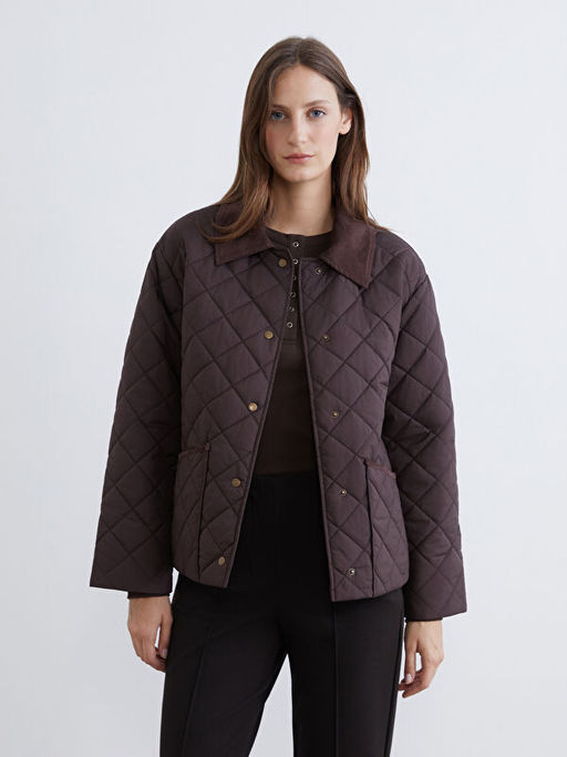 Kadife G?mlek Yaka Kapitone Kad?n ?i?me Mont