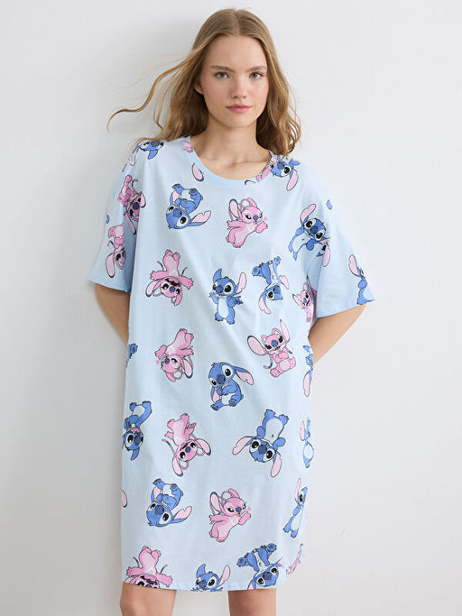 Bisiklet Yaka Stitch ve Angel Bask?l? Kad?n Gecelik