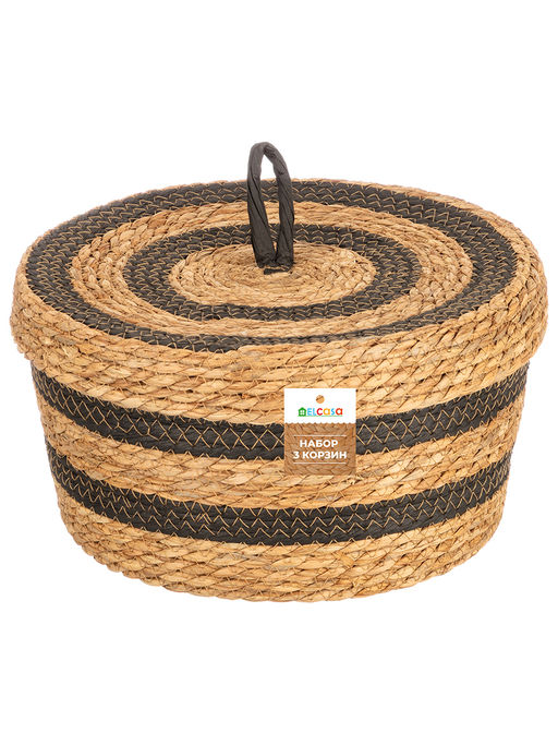 Набор 3 плетеных корзин 19,5*19,5*12 см, 27*27*14,5 см, 31,5*31,5*16 см, с крышкой, водный гиацинт