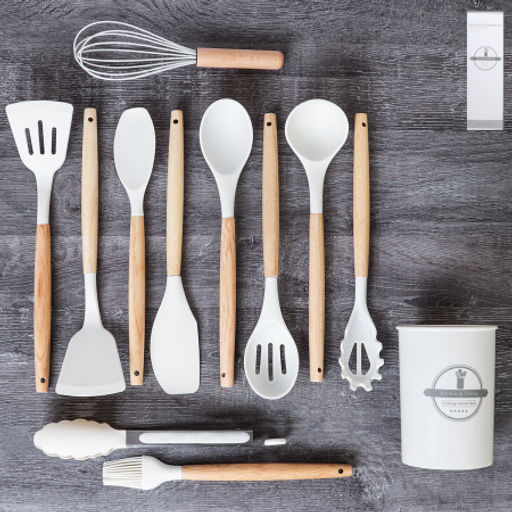 Кухонный набор 12 предметов в подставке/ KNA-140 /уп 16/ приборы силикон/дерево /0,8/Молочный - Галеонтрейд фото 2