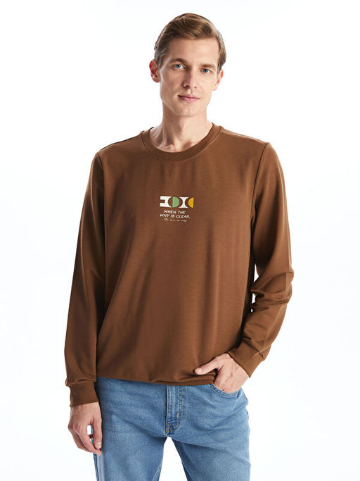 Bisiklet Yaka Uzun Kollu Bask?l? Erkek Sweatshirt