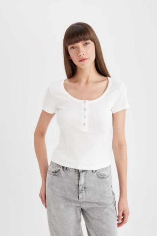 Slim Fit Dar Kesim Bisiklet Yaka Fitilli Kaskorse K?sa Kollu Tisort