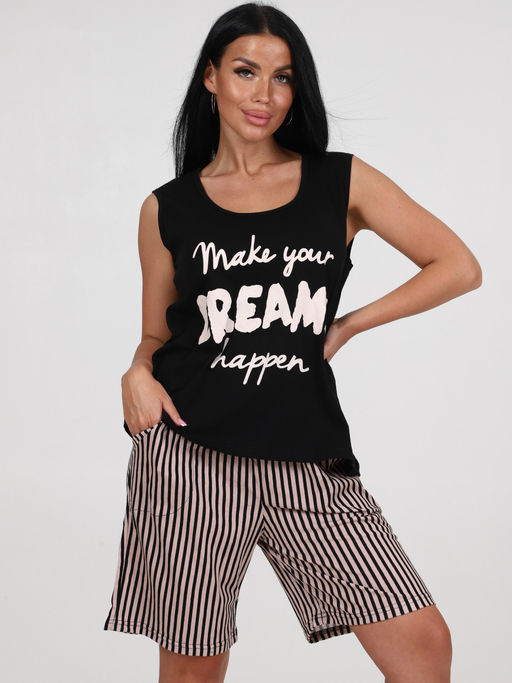 785 ПИЖАМА ЖЕНСКАЯ (шорты) (Черный/бежевая полоса) - А-дина фото 2