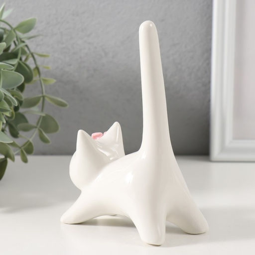 Сувенир керамика "Котик белый с длинным хвостом и розовым цветком" 9,4х5,3х14 см