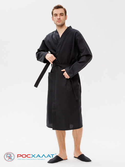 Мужской вафельный халат с планкой черный В-03 (27)