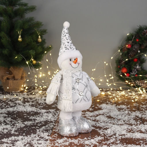 Мягкая игрушка Снеговик блеск (59?21 см выдвинутые ножки) 40?21 см, серебристо-белый