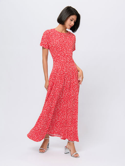 Платье красного цвета с принтом и короткими рукавами - 1001dress фото 2