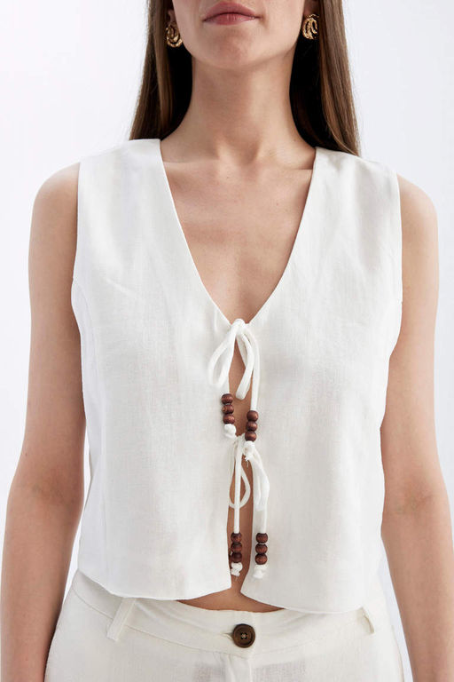 Белый жилет на шнуровке из смесового льна с v-образным вырезом - Defacto фото 6