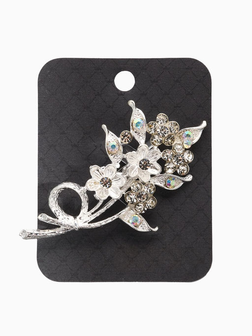 Брошь Цветы на ветке, цвет белый в серебре