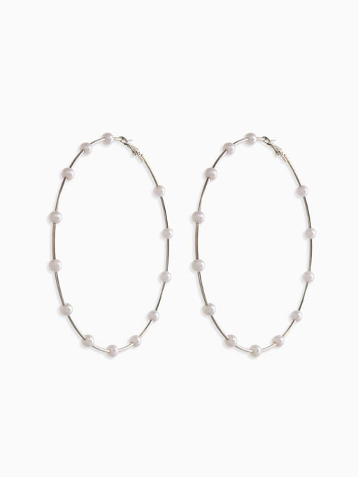Серьги-кольца "Жемчуг" d=10см. №6, цвет белый в серебре